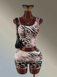 Amplova Women's Leopard Print Red English Letter Short Sleeve Sports Tank Top & Fitted Shorts Set - Brown - View 10