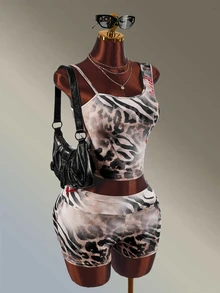 Amplova Women's Leopard Print Red English Letter Short Sleeve Sports Tank Top & Fitted Shorts Set - Brown - View 4