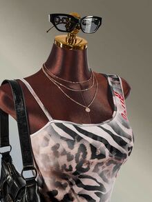 Amplova Women's Leopard Print Red English Letter Short Sleeve Sports Tank Top & Fitted Shorts Set - Brown - View 5