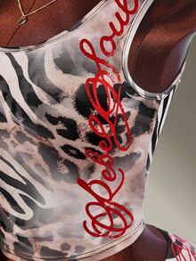 Amplova Women's Leopard Print Red English Letter Short Sleeve Sports Tank Top & Fitted Shorts Set - Brown - View 7