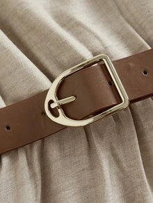 SHEIN Girlism Tween女孩秋季休閒時尚通勤小高領長袖金屬鈕扣裝飾卡其色收腰中長版A字洋裝 - 卡其色 - 查看 4