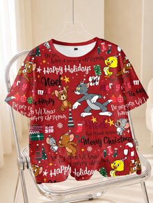 TOM & JERRY X SHEIN Women's Christmas Cartoon Print T-Shirt - White - View 1