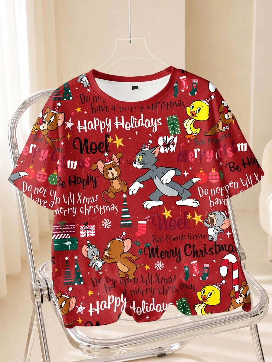TOM & JERRY X SHEIN Women's Christmas Cartoon Print T-Shirt - White - View 1