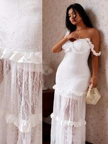 CovetEZ Spring Summer New Solid Color Lace Patchwork Satin Ruffle Hem Bustier Dress, Elegant Fit For Dates Wedding And Parties, Plus Size White - White - View 2