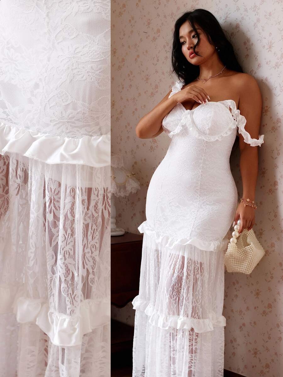 CovetEZ Spring Summer New Solid Color Lace Patchwork Satin Ruffle Hem Bustier Dress, Elegant Fit For Dates Wedding And Parties, Plus Size White