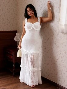 CovetEZ Spring Summer New Solid Color Lace Patchwork Satin Ruffle Hem Bustier Dress, Elegant Fit For Dates Wedding And Parties, Plus Size White - White - View 7