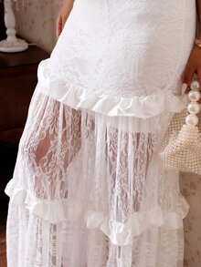 CovetEZ Spring Summer New Solid Color Lace Patchwork Satin Ruffle Hem Bustier Dress, Elegant Fit For Dates Wedding And Parties, Plus Size White - White - View 8
