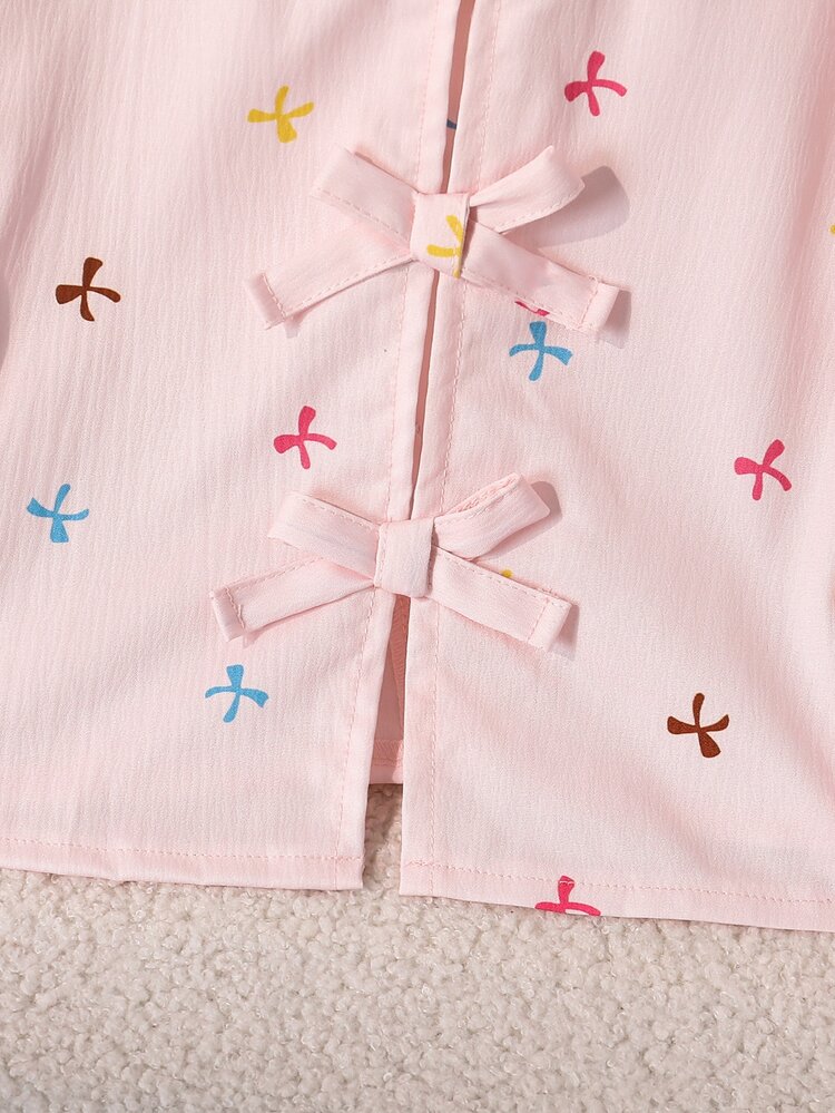 SHEIN Toddler Girls 2pcs Polyester Lapel Collar Long Sleeve Botanical Pocket Button Short Loose Fit Shirt Set Fall Pink - Pink - View 4