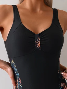 Swim Lushoire Traje de baño de una pieza para damas de playa de verano con estampado de plantas y diseño de parches - Multicolor - Ver 4