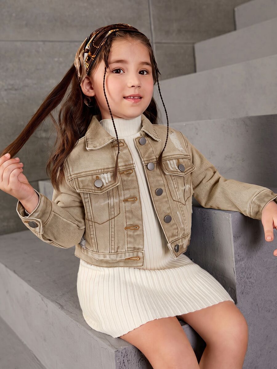 SHEIN Elladie kids 少女單排扣休閒日常牛仔夾克 - 卡其色 - 查看 1