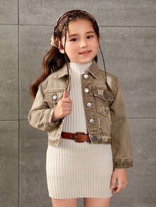 SHEIN Elladie kids 少女單排扣休閒日常牛仔夾克 - 卡其色 - 查看 3