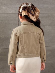 SHEIN Elladie kids 少女單排扣休閒日常牛仔夾克 - 卡其色 - 查看 2
