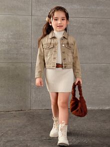 SHEIN Elladie kids 少女單排扣休閒日常牛仔夾克 - 卡其色 - 查看 4