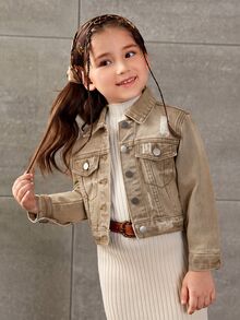 SHEIN Elladie kids 少女單排扣休閒日常牛仔夾克 - 卡其色 - 查看 5
