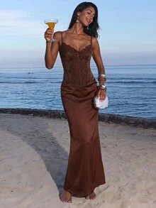 Opulessa Casual Vacation Solid Color Woven Camisole Tank Top For Women - Brown - View 4