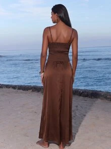 Opulessa Casual Vacation Solid Color Woven Camisole Tank Top For Women - Brown - View 5