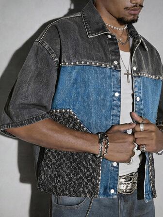 Street Life Camisa de mezclilla casual de verano con bloques de color y patchwork para hombre