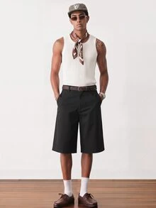 NORVETH Men's Solid Color Loose Casual Bermuda Shorts With Pockets - Black - View 2