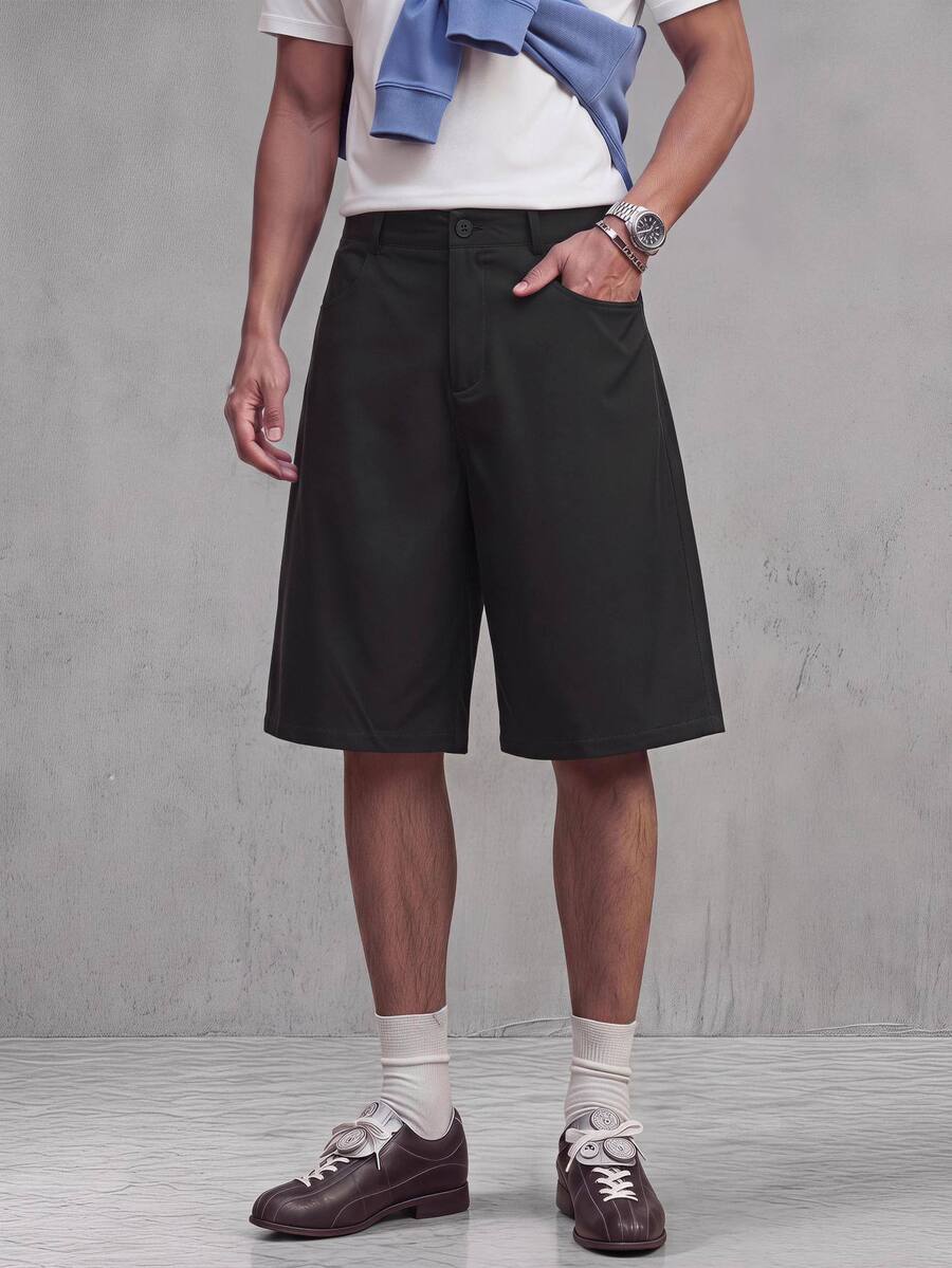 NORVETH Men's Solid Color Loose Casual Bermuda Shorts With Pockets - Black - View 1