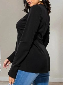 INAWLY 大尺碼女款純色休閒傳統長袖T恤，秋季女式正式居家服，黑色 - 黑色 - 查看 2