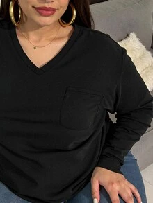 INAWLY 大尺碼女款純色休閒傳統長袖T恤，秋季女式正式居家服，黑色 - 黑色 - 查看 1