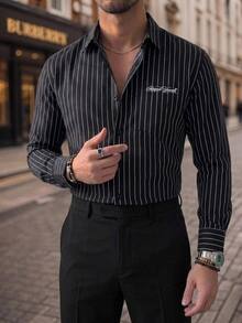 HIMLAND Men's Casual Commute Striped Shirt - Black - View 1