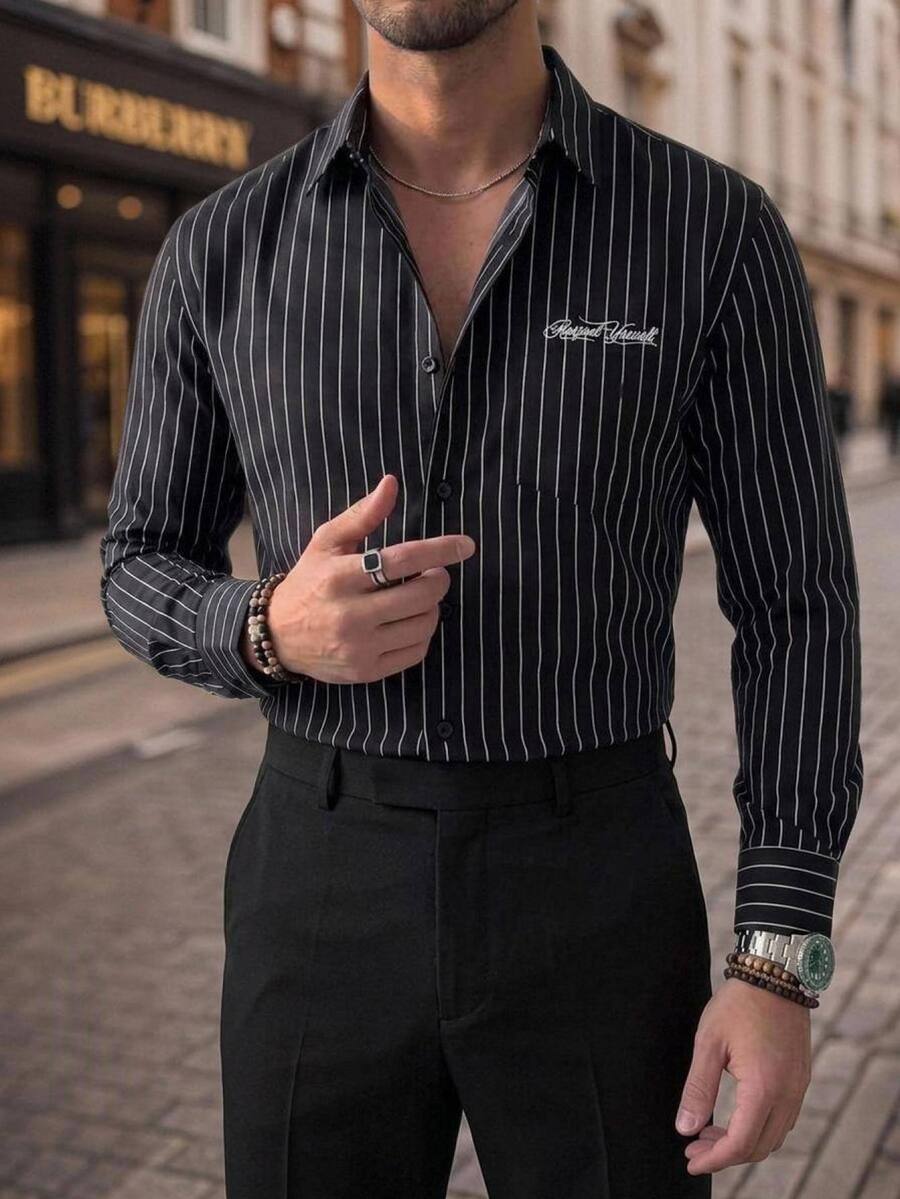 HIMLAND Men's Casual Commute Striped Shirt - Black - View 1