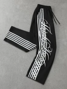 ROMWE MEN Street Life Men's Casual Loose Sweatpants With Side Stripes And Drawstring Waist - Black - View 6