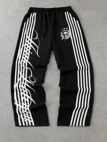 ROMWE MEN Street Life Men's Casual Loose Sweatpants With Side Stripes And Drawstring Waist - Black - View 4