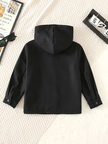 SHEIN Kids Young Boy Casual Everyday Versatile Comfortable Composite Fleece Lined Hooded Open Front Long Sleeve Mid-Weight Woven Jacket Suitable For School, Garden, Beach, Birthday Spring Summer Fall Winter - Black - View 2