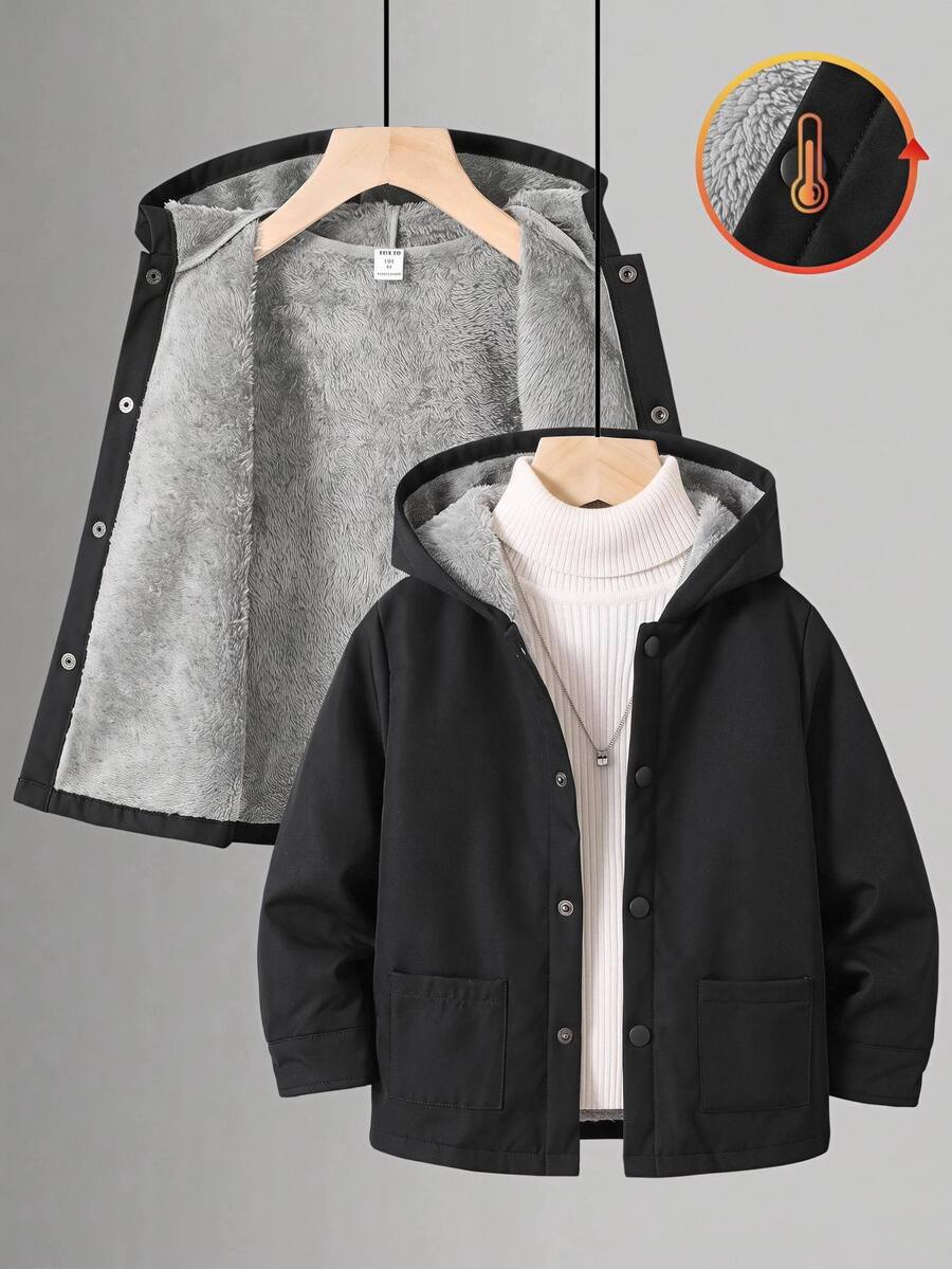 SHEIN Kids Young Boy Casual Everyday Versatile Comfortable Composite Fleece Lined Hooded Open Front Long Sleeve Mid-Weight Woven Jacket Suitable For School, Garden, Beach, Birthday Spring Summer Fall Winter - Black - View 1