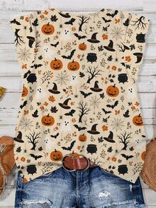 Mellowie Halloween Pumpkin & Bat Print Plus Size Casual V-Neck Ruffle Blouse, Suitable For Summer And Party Fall - Multicolor - View 2