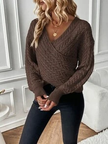 SHEIN 秋冬休閒優雅百搭純色交叉裹身毛衣，適合約會、早午餐、正式場合與辦公室，深棕色 - 棕色 - 查看 8