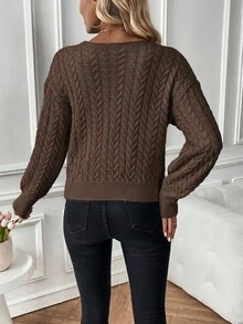 SHEIN 秋冬休閒優雅百搭純色交叉裹身毛衣，適合約會、早午餐、正式場合與辦公室，深棕色 - 棕色 - 查看 2
