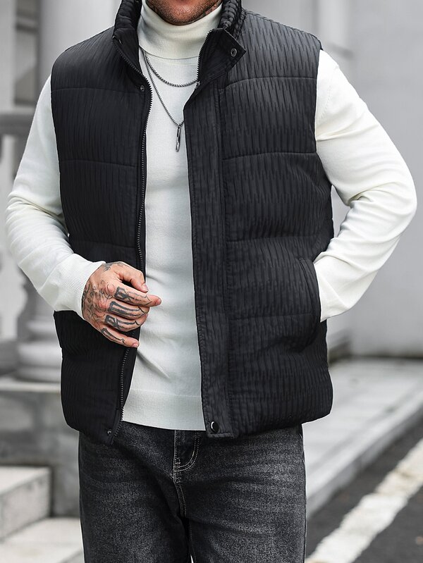 Manfinity CasualCool Erkek 3D Kapitone Dolgulu Dik Yakalı Çıtçıtlı Yelek, Kolsuz Hafif Katmanlama İçin Gevşek Kesim Çok Amaçlı Siyah Ceket, Sonbahar/Kış