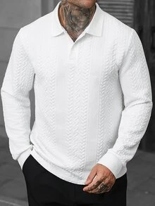Manfinity CasualCool 男士休閒純色紋理 Polo 衫，秋冬款 - 白色 - 查看 5