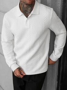 Manfinity CasualCool 男士休閒純色紋理 Polo 衫，秋冬款 - 白色 - 查看 3
