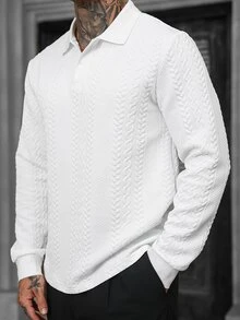 Manfinity CasualCool 男士休閒純色紋理 Polo 衫，秋冬款 - 白色 - 查看 4