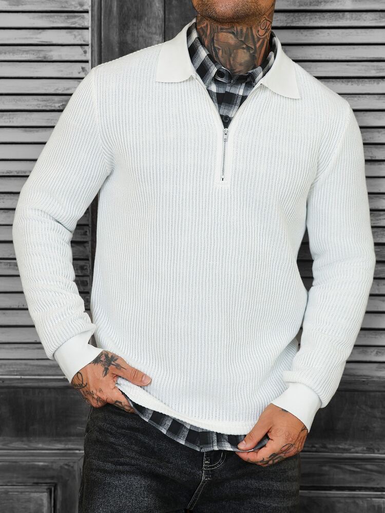 Manfinity CasualCool Men's Casual Versatile Solid Color Long Sleeve Polo Shirt - White - View 4