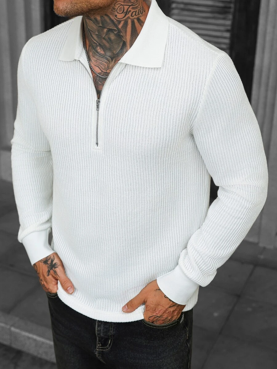 Manfinity CasualCool Men's Casual Versatile Solid Color Long Sleeve Polo Shirt - White - View 1