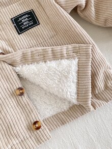 SHEIN Playful Pals 1件男嬰卡其色燈芯絨條紋布料保暖內裡加厚連帽長袖夾克，休閒極簡韓風復古時尚街頭風毛絨保暖開襟外套，附口袋，適合秋冬日常穿著、上學、旅行、度假、購物及各種室內外場合 - 杏色 - 查看 9
