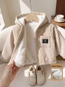 SHEIN Playful Pals 1件男嬰卡其色燈芯絨條紋布料保暖內裡加厚連帽長袖夾克，休閒極簡韓風復古時尚街頭風毛絨保暖開襟外套，附口袋，適合秋冬日常穿著、上學、旅行、度假、購物及各種室內外場合 - 杏色 - 查看 2