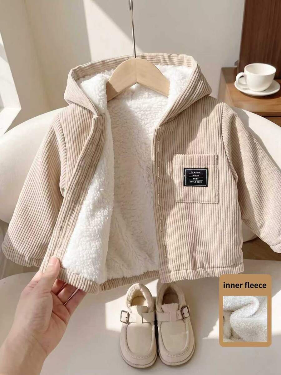 SHEIN Playful Pals 1件男嬰卡其色燈芯絨條紋布料保暖內裡加厚連帽長袖夾克，休閒極簡韓風復古時尚街頭風毛絨保暖開襟外套，附口袋，適合秋冬日常穿著、上學、旅行、度假、購物及各種室內外場合