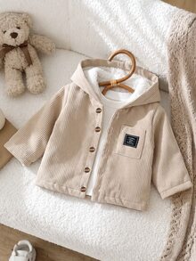 SHEIN Playful Pals 1件男嬰卡其色燈芯絨條紋布料保暖內裡加厚連帽長袖夾克，休閒極簡韓風復古時尚街頭風毛絨保暖開襟外套，附口袋，適合秋冬日常穿著、上學、旅行、度假、購物及各種室內外場合 - 杏色 - 查看 5