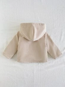 SHEIN Playful Pals 1件男嬰卡其色燈芯絨條紋布料保暖內裡加厚連帽長袖夾克，休閒極簡韓風復古時尚街頭風毛絨保暖開襟外套，附口袋，適合秋冬日常穿著、上學、旅行、度假、購物及各種室內外場合 - 杏色 - 查看 3