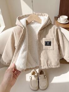 SHEIN Playful Pals 1件男嬰卡其色燈芯絨條紋布料保暖內裡加厚連帽長袖夾克，休閒極簡韓風復古時尚街頭風毛絨保暖開襟外套，附口袋，適合秋冬日常穿著、上學、旅行、度假、購物及各種室內外場合 - 杏色 - 查看 13