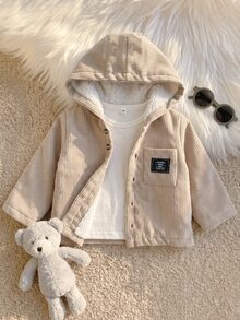 SHEIN Playful Pals 1件男嬰卡其色燈芯絨條紋布料保暖內裡加厚連帽長袖夾克，休閒極簡韓風復古時尚街頭風毛絨保暖開襟外套，附口袋，適合秋冬日常穿著、上學、旅行、度假、購物及各種室內外場合 - 杏色 - 查看 4