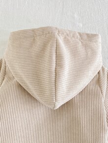 SHEIN Playful Pals 1件男嬰卡其色燈芯絨條紋布料保暖內裡加厚連帽長袖夾克，休閒極簡韓風復古時尚街頭風毛絨保暖開襟外套，附口袋，適合秋冬日常穿著、上學、旅行、度假、購物及各種室內外場合 - 杏色 - 查看 7