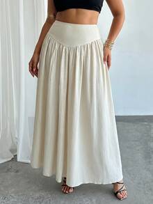 SHEIN Tall CURVE Plus Size Women's Spring Pleated Waist A-Line Skirt With Real Pockets - Apricot - View 4