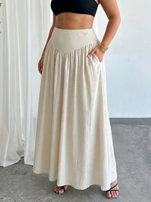 SHEIN Tall CURVE Plus Size Women's Spring Pleated Waist A-Line Skirt With Real Pockets - Apricot - View 5